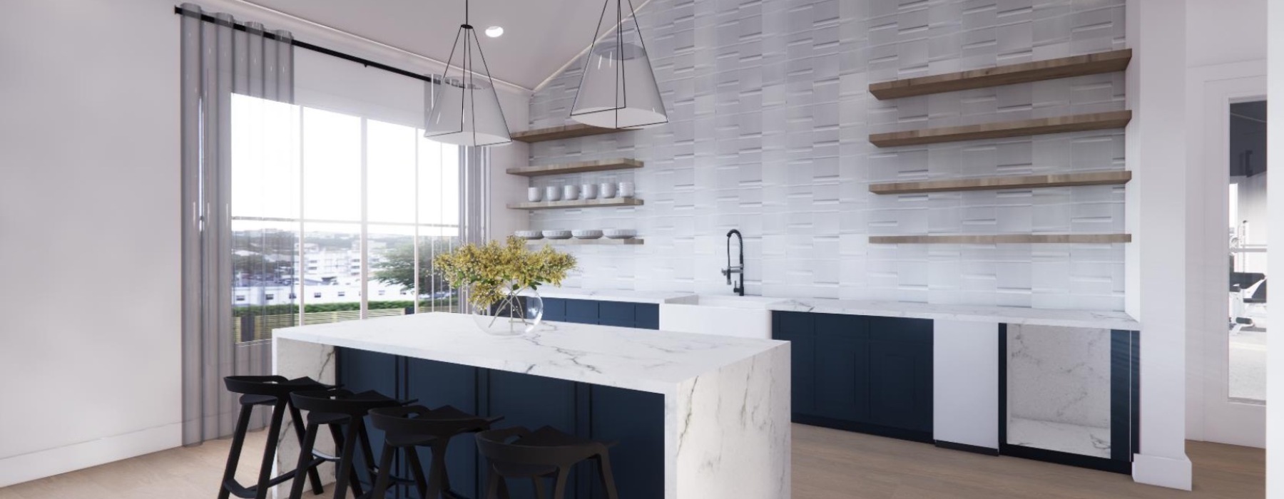a kitchen with an island and chairs